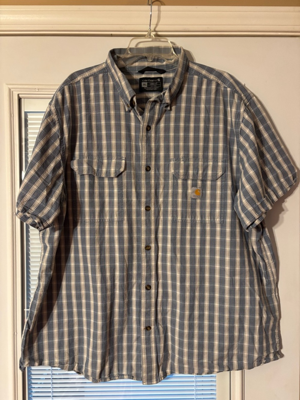 Carhartt Blue and White Plaid Short-Sleeve Button-Down Shirt